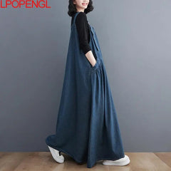 Women's Autumn Spring Denim Dress Spaghetti Strap Loose Temperament Oversized  Ankle-Length Dress
