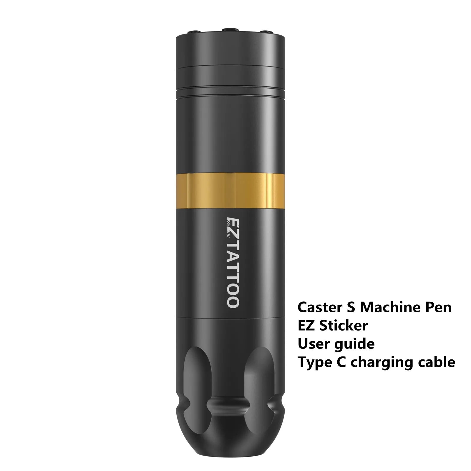 Black tattoo machine pen with gold accent on a white background