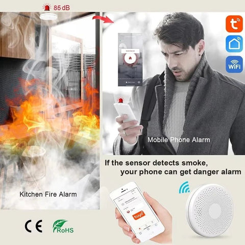 Advertisement for a kitchen fire alarm system with smoke detection and smartphone app interface.