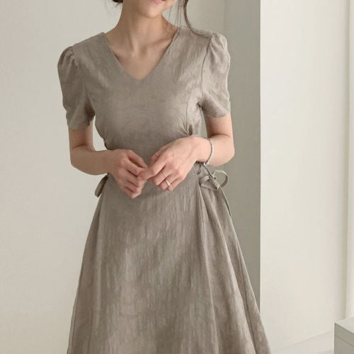 Cotton Linen Summer Midi Dress for Women Slim Waist A Line Vintage Cute Dress