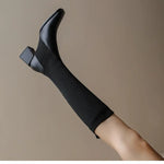 Knitted w/ Faux Leather Knee-High Sock Boots for Women New Fashion Slip On Med Heel Retro Elastic Boots