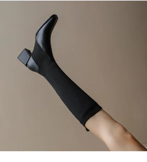 Knitted w/ Faux Leather Knee-High Sock Boots for Women New Fashion Slip On Med Heel Retro Elastic Boots