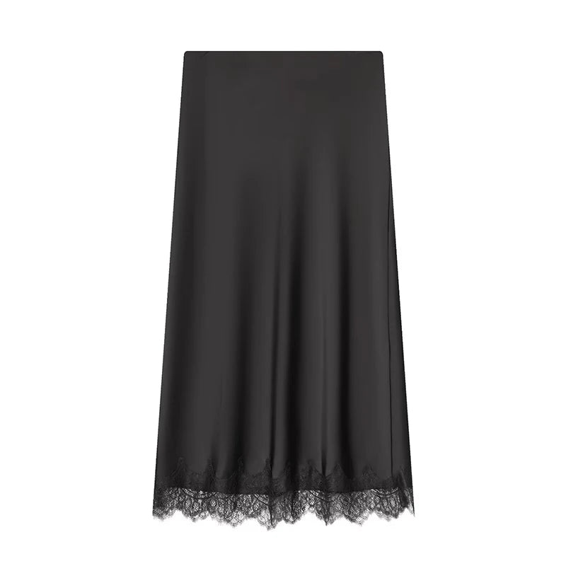 Satin Lace Midi Skirt Women High Waist Vintage A-Line Elegant Party Casual Fashion All Season
