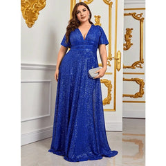 Plus Size Blue Sequins Shiny Maxi Evening Dress Elegant V-Neck Short Sleeve Loose Sparkly Gown Prom Wedding