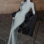 New Autumn Fashion Sexy Zip-Up Solid Gray Long Maxi Dress Elegant Slim Fit Party Night Club Dress