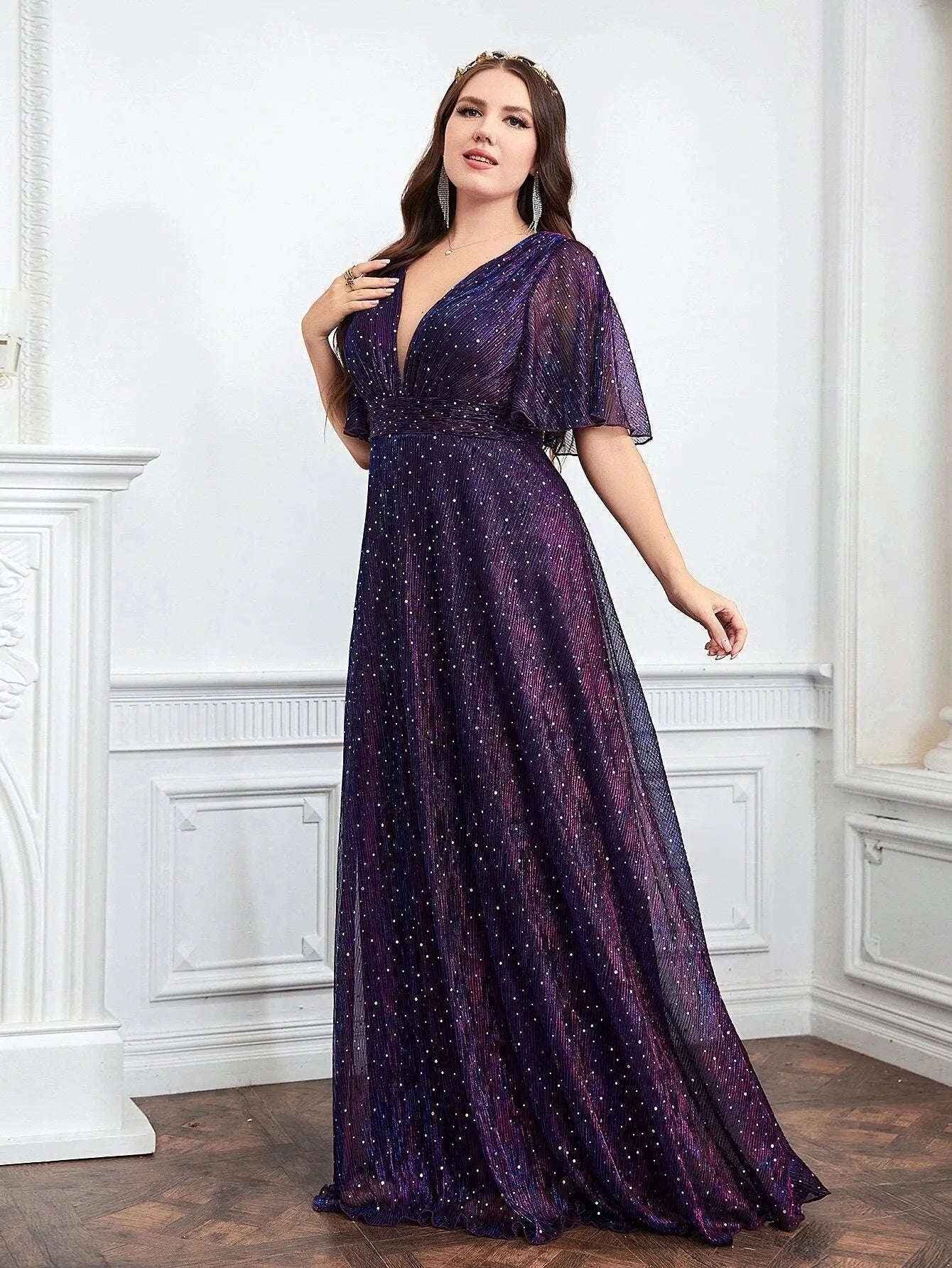 Plus Size Wedding Guest Bridesmaid Sequin Dress For Women Plunging Neck Butterfly Sleeve Glitter Prom Party Dresses