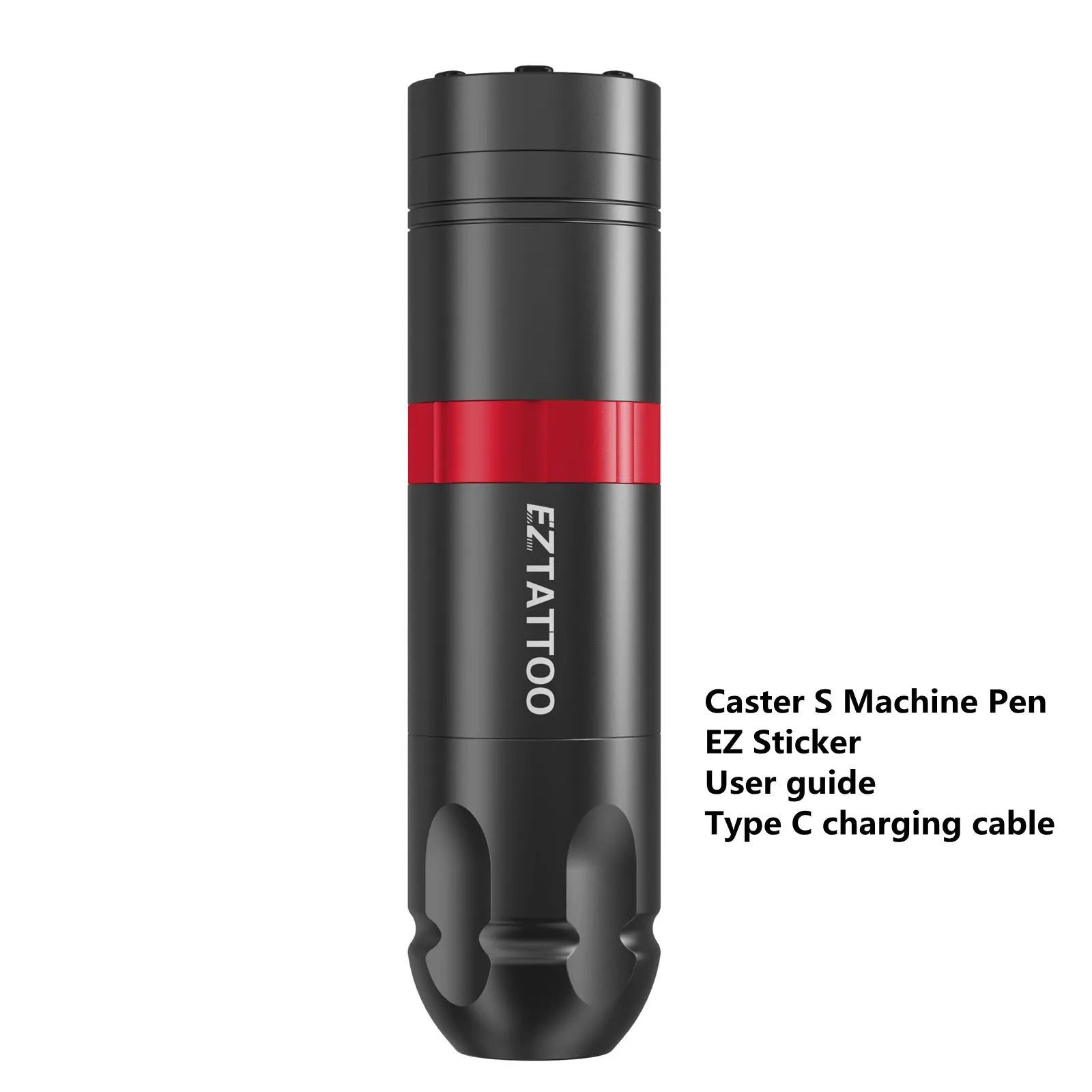 Black tattoo machine pen with red accent on a white background