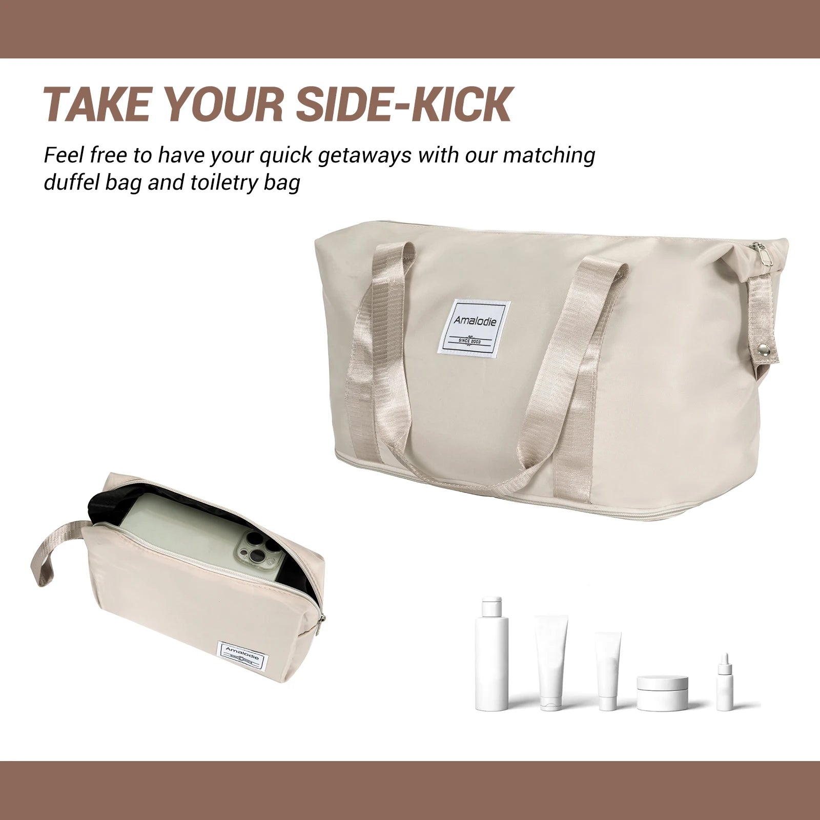 Beige duffel bag and toiletry bag with travel accessories on a white background
