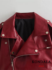Vintage Chic Women's Faux Leather Jackets Red Solid Zipper Belt Coat Fashion Trend Autumn Winter Jackets