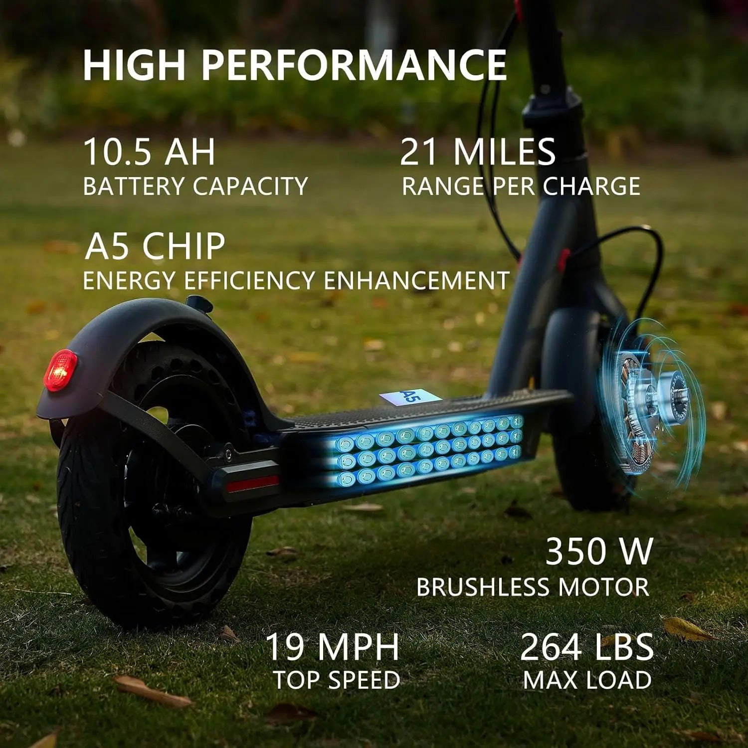 Electric scooter with specifications on a grassy background