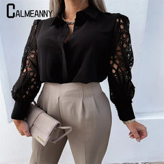 Women's All Season Tops Elegant Vintage Office Lace Patchwork Blouse White & Black Colors