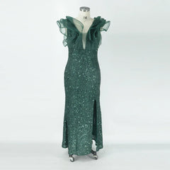 Plus Size Women's Sequin Dresses V-Neck Tiered Sleeve Sexy Slit Elegant Wedding Party Prom Dresses Gowns