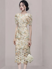 Spring/Summer New Fashion Embroidery Print Lace Hollow Out Midi Dress For Women Fluff Short Sleeves Elegant Dresses