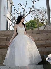 Women's Sleeveless Dress Mesh Long A-line V Neck Party Evening Gown