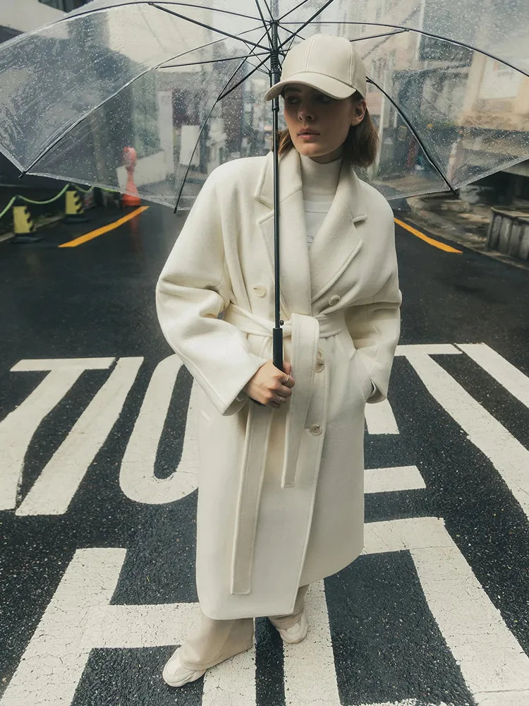 Women's Vintage Long Wool Coat With Belt Solid Double Breasted Chic Winter Overcoat