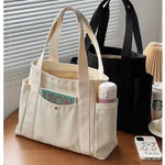 Casual Canvas Tote Bag with Multi-Pocket Design – Versatile Shopper / Student Bag for Everyday Use