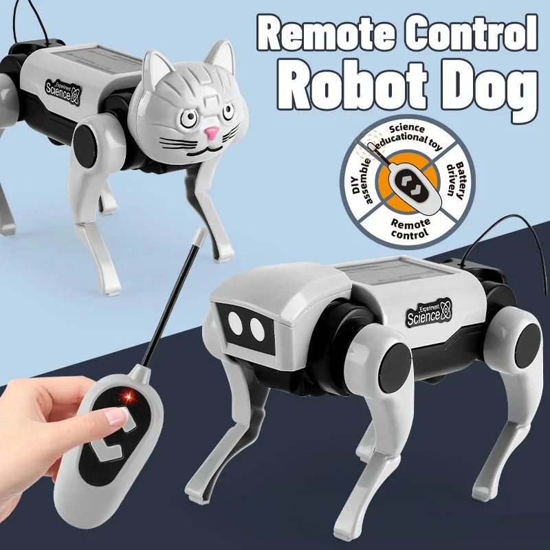 Remote control robot dog toy with a hand holding a remote control on a blue background