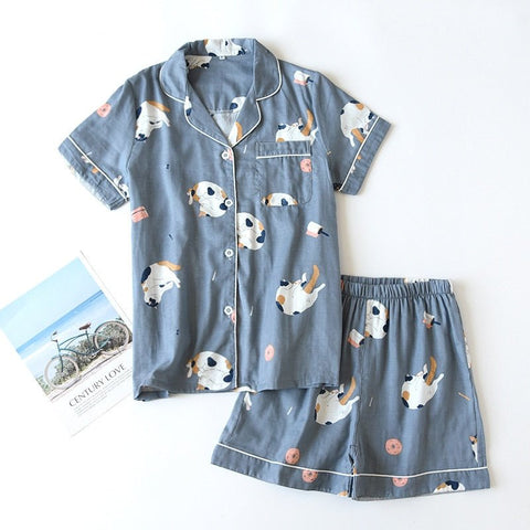 Cartoon Print Pajama Set Women Short Sleeve Top Shorts Casual Loungewear Sleepwear Fashion