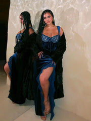 Prom Wedding Guest Dresses Maxi Velvet Dress Sexy Split Blue Bodycon Evening Party Dress Elegant Style