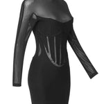 Boutique Fashion Women's Sexy Turtleneck Long Sleeve Mesh Black Mini Bodycon Bandage Dress Elegant Evening Club Party Dress