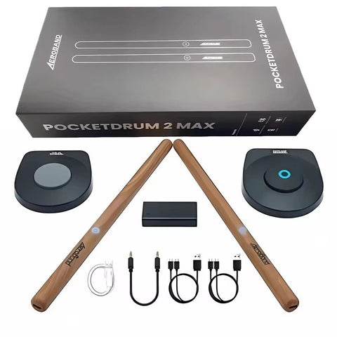 Acerca PocketDrum 2 Max electronic drum set with packaging, sticks, and accessories on a white background.