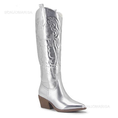 Women's Western Style Cowboy Boots Knee High Fashion Pointed Toe Cowgirl White Embroidered Boots Chunky Block Heel