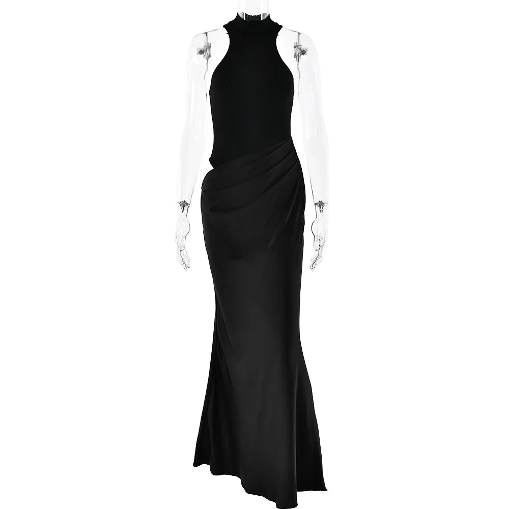 Elegant High-Neck Sleeveless Evening Gown with Draped Satin Skirt