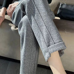 Cute Academia Tweed Straight Pants for Women Casual Herringbone Warm Thick Cropped Pants