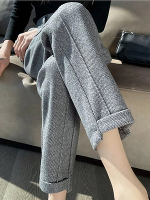 Cute Academia Tweed Straight Pants for Women Casual Herringbone Warm Thick Cropped Pants