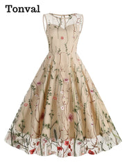 Floral Embroidered Mesh Overlay Dress Vintage Long Dresses for Women High Waist Party Elegant Summer Dress