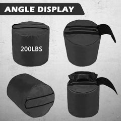Black sandbag with '200LBS' label on a gray background