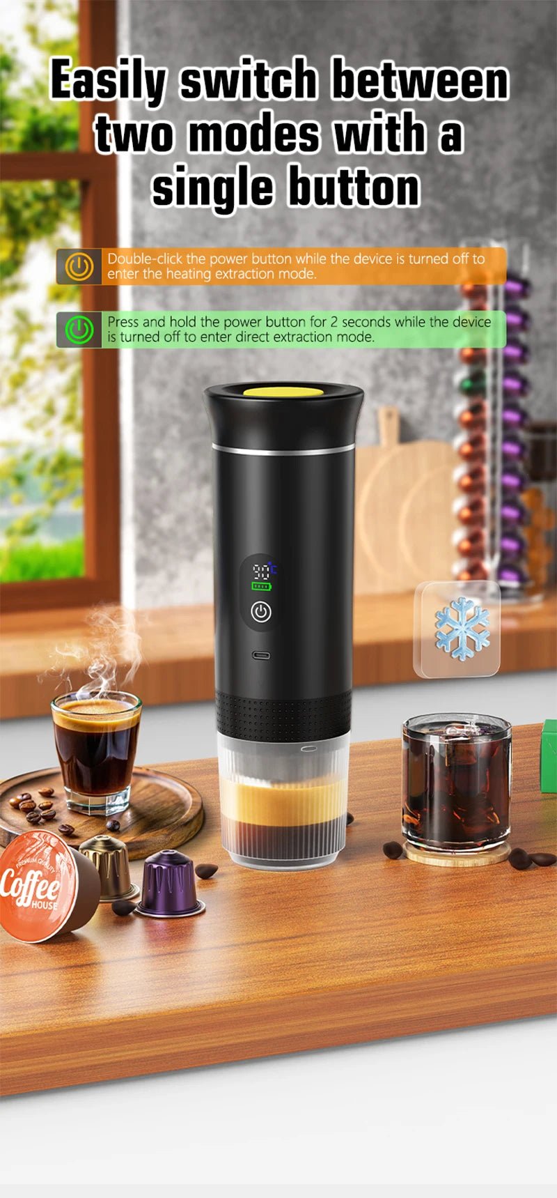 Coffee extraction device on a wooden surface with coffee cups and a window in the background.