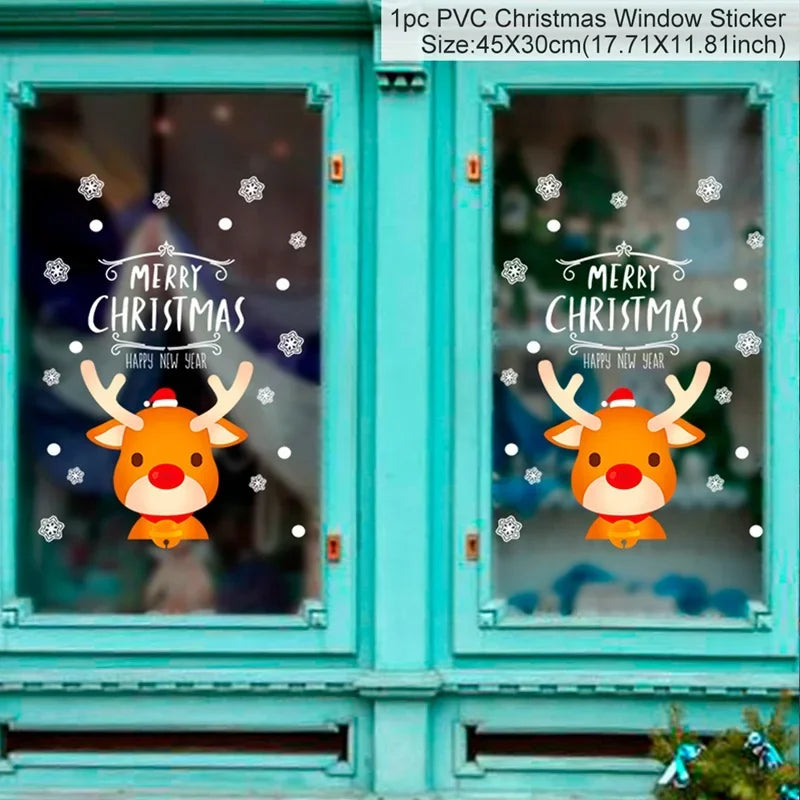 Two Christmas window stickers with reindeer and 'Merry Christmas' text on a teal window.