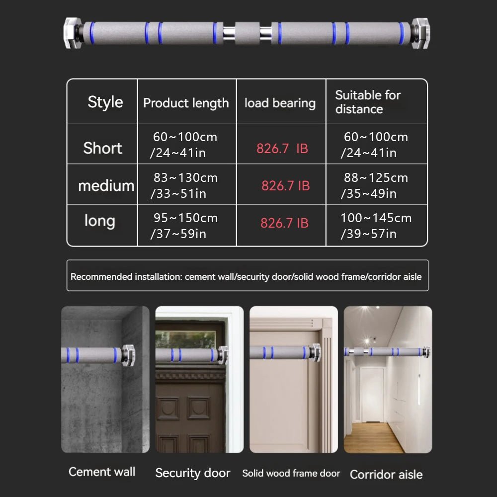 Product specifications and installation examples for a security bar on a black background - pull up bar