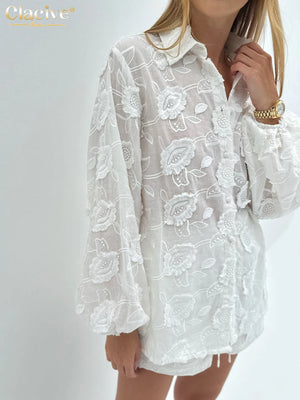 Women's Sheer Floral Embroidered Lace Blouse and Shorts Set – Elegant Two-Piece Outfit