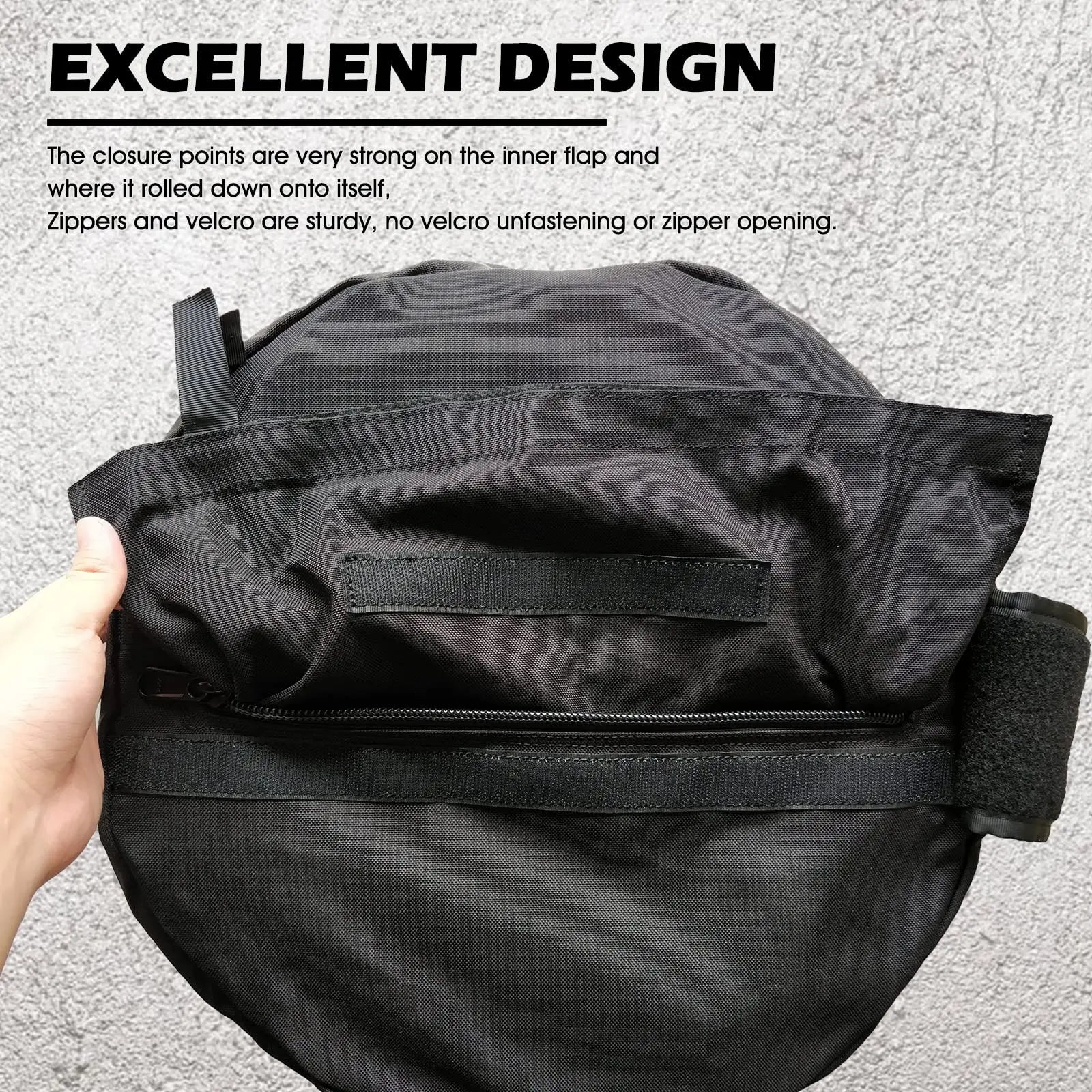 Black bag with a hand holding it, showing the closure points on an gray background.