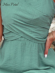 Women's Wrapped Ruffled Mini Dress V-neck Spaghetti Straps Summer Dress Green/Cream