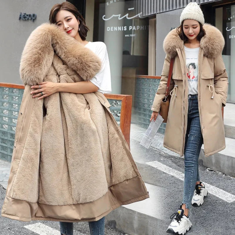 Women's long faux fur hood parka, warm padded winter coat for snow - khaki