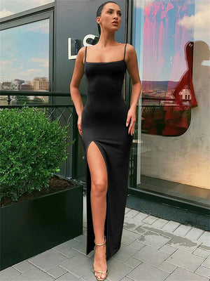 Women's Spring Summer Sexy Bodycon Dress Sexy Spaghetti Strap with Split Sheath Maxi Dress