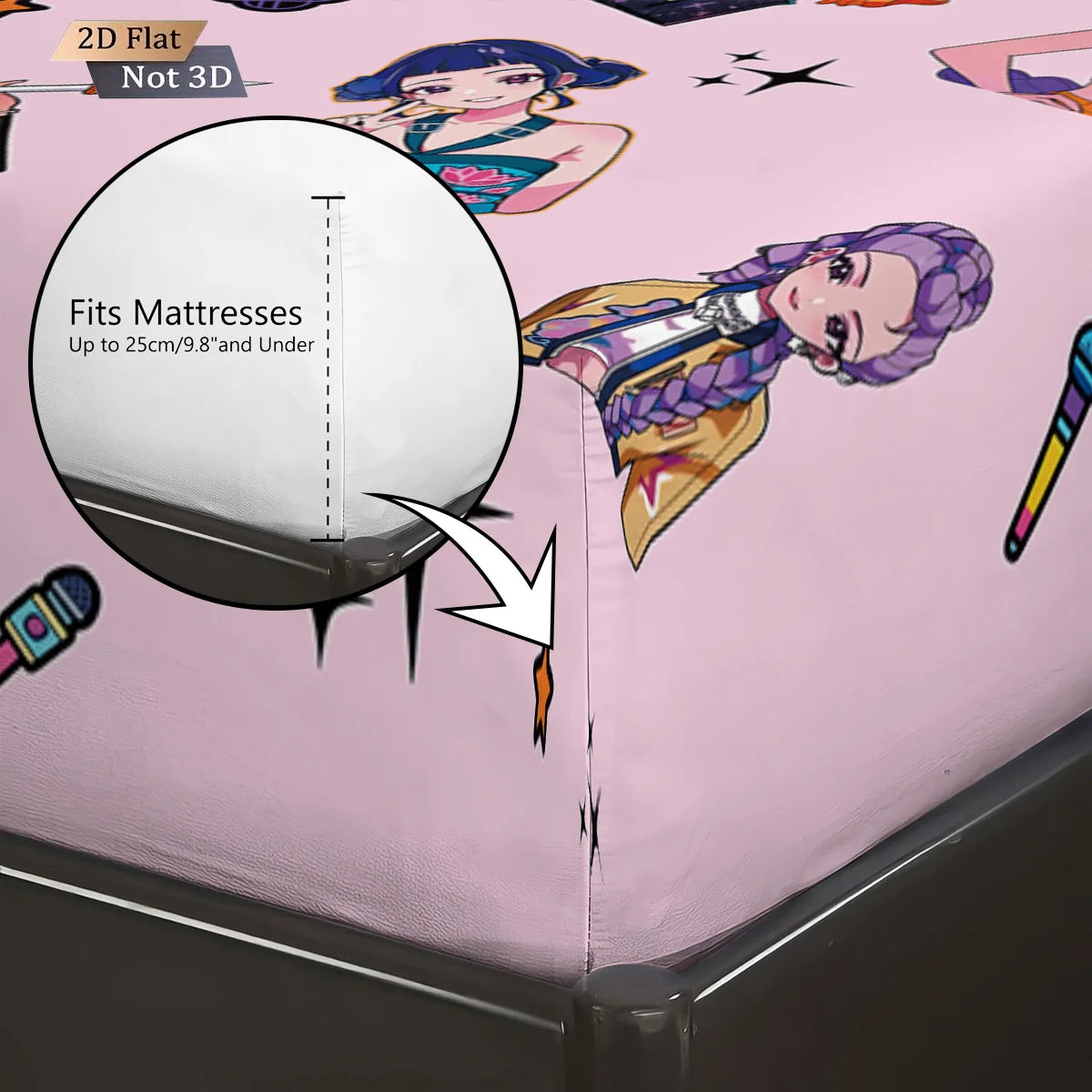 Pink cartoon-themed mattress cover with character design and measurement details.