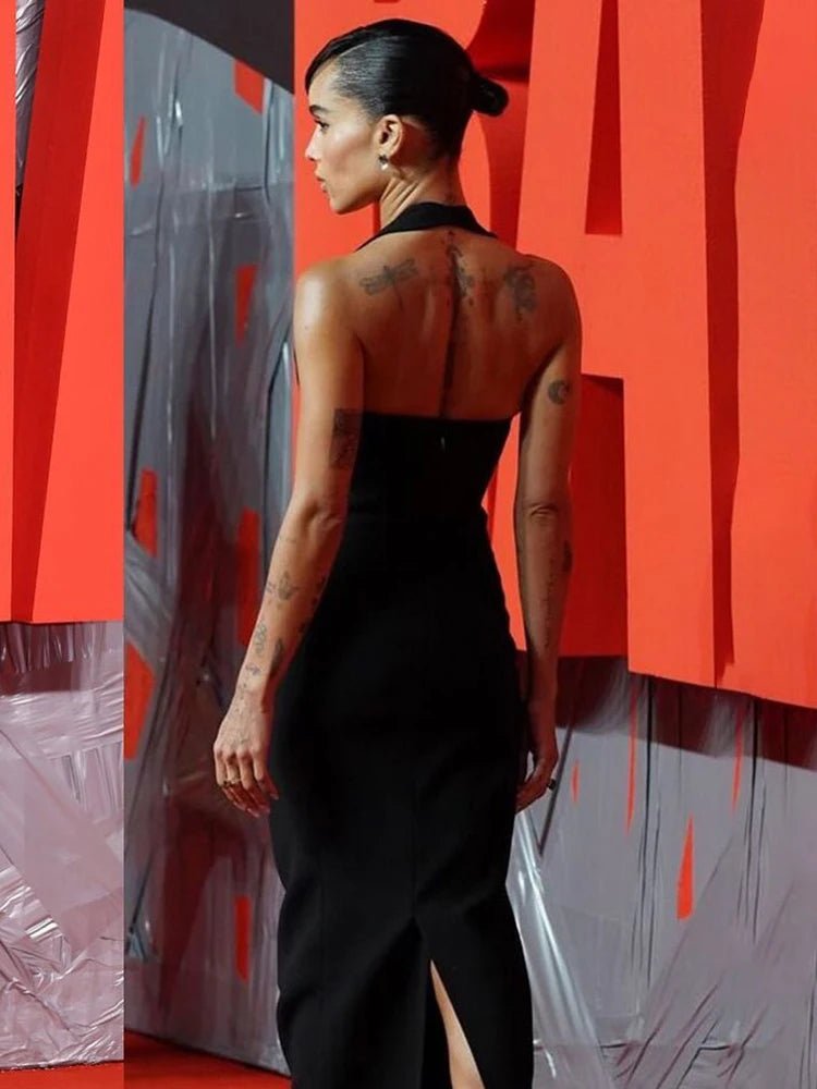 Person wearing a black dress with a red background