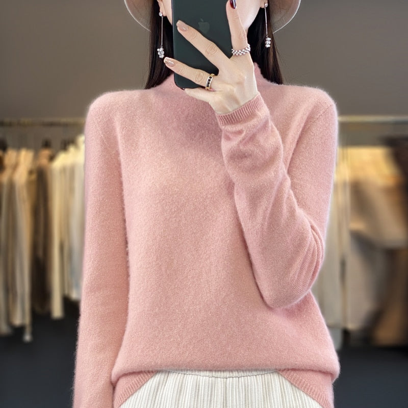 Women's Sweater Half Height Curled Collar Bright Silk Pure Wool Yarn Knitwear Pullover Sweater