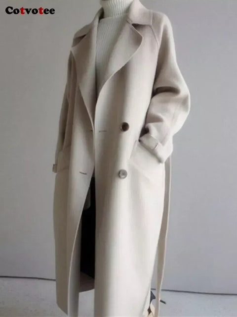 Wool Blend Coat Women Chic Button Urban Loose Solid Long Belted Elegant Winter Outerwear Fashion