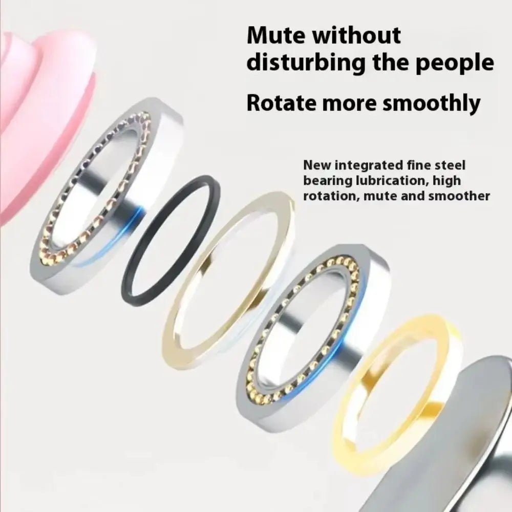 Set of metallic rings with text highlighting features on a light gray background