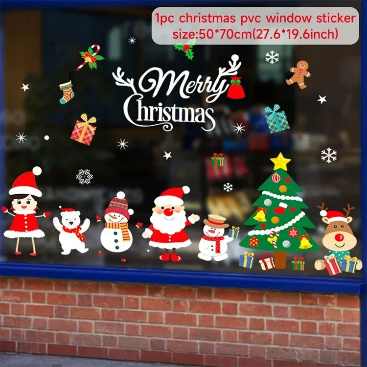 Christmas-themed window stickers with Santa Claus, reindeer, and snowman on a window.