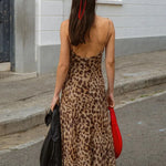 Leopard Print Satin Slip Dress – Sleeveless Cowl Neck Maxi Dress Spaghetti Strap Backless Ruffles Party Gown