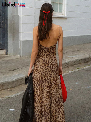 Leopard Print Satin Slip Dress – Sleeveless Cowl Neck Maxi Dress Spaghetti Strap Backless Ruffles Party Gown