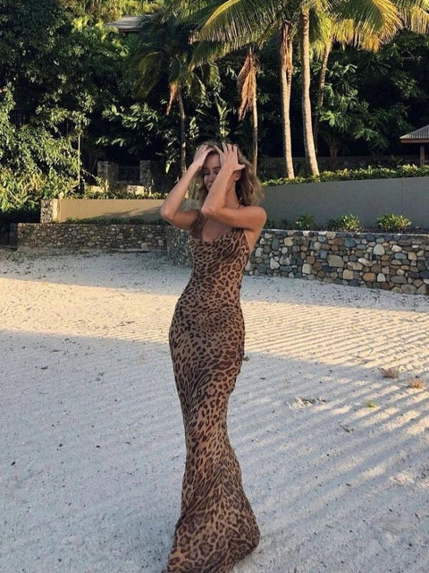 Maxi Dress Women Leopard Print Sheer Backless Lace-Up Elegant Floor Length Beach Holiday Summer Dress