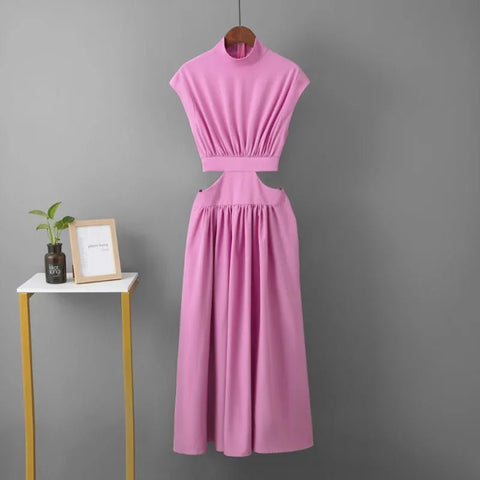Maxi Dress Women Hollow Out V-Neck Waist Vintage A-Line Long Beach Party Summer Casual Dress