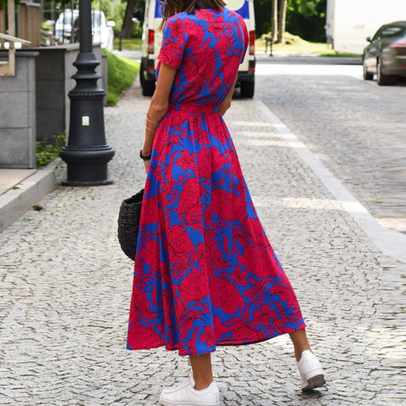 Summer Floral Print Long Dresses for Women V-Neck Split Lace-up Short Sleeve Midi Dress